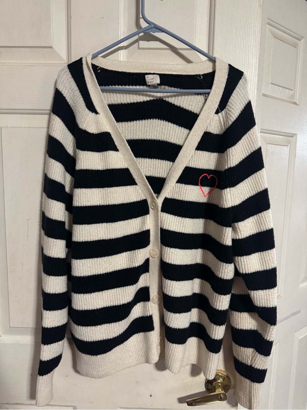 a new day Black & White Striped Cardigan with Heart Accent